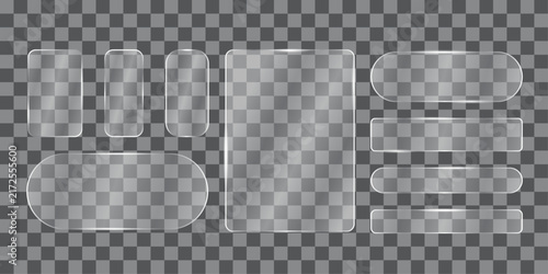 Futuristic glass frames with neon glow in blue and electric tones. Transparent geometric shapes including squares circles and hexagons for digital banners UI templates and signage.
