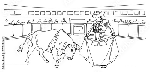 Принти на полотні Spanish bullfighting matador and bull in arena continuous line art