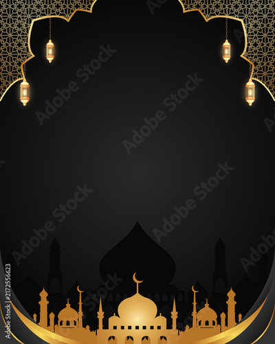 Canvastavla Elegant Islamic background with glowing golden mosque silhouettes, hanging lanterns, and ornate geometric patterns on a dark luxurious backdrop