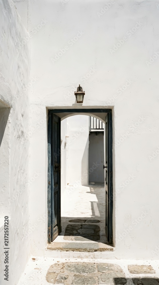 Fototapeta premium Minimalist white Mediterranean stone archway leading to a private courtyard