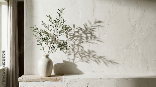 Olive branch in a vase with intentional architectural shadows on a wall