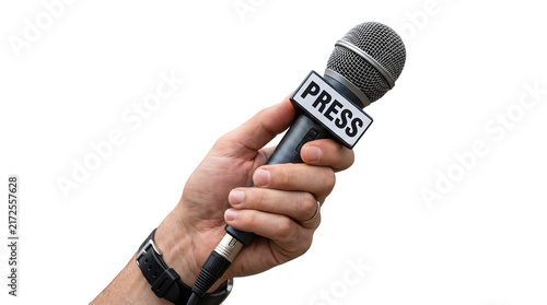 Hand holding black foam microphone for press conference or live broadcast isolated on white