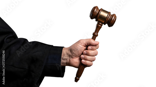 Judge's hand holding wooden gavel isolated on transparent background for legal justice concept