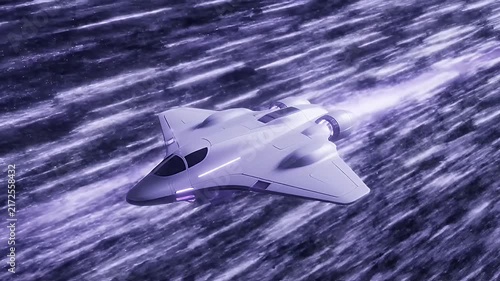 Sleek futuristic spacecraft traveling through hyperspace with dynamic purple motion blur trails