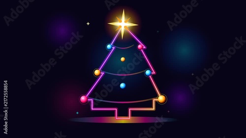 Neon Glowing Christmas Tree Animation with Colorful Ornaments and Star