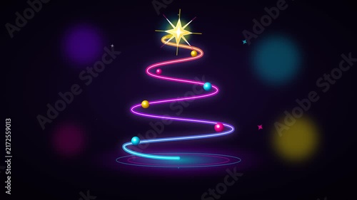 Neon spiral Christmas tree glowing with colorful holiday lights and sparkling star