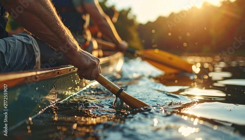 Active paddlers canoeing on a calm lake at sunset, enjoying nature