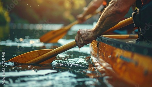 Hands paddling a canoe in golden hour light on a calm river