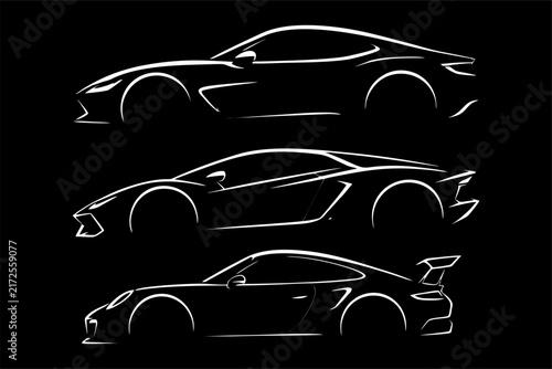 Three minimalist sports car silhouettes in white vector line art on a black background, featuring sleek, modern, and aerodynamic automotive designs.