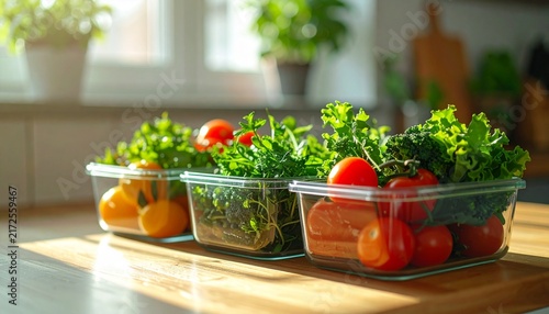 Fresh vegetables and fruits prepared in meal prep containers on a kitchen counter