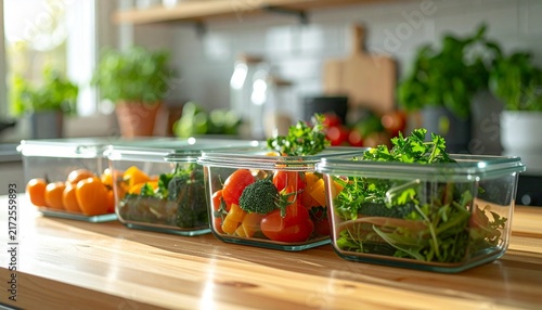 Healthy meal prep with fresh vegetables and fruits in glass containers on kitchen counter