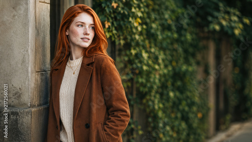 A red-haired woman with freckles models a brown autumn coat while leaning against a stone building, gazing away beside lush greenery in soft natural light.