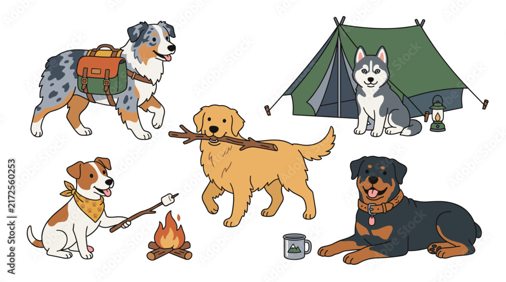 Fototapeta premium A set of cartoon dogs enjoying outdoor camping activities, including a tent, campfire, backpack, and hiking gear on white background