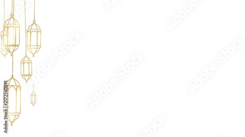 Elegant gold hanging lanterns on a clean white background for Islamic holiday greeting cards, Ramadan Kareem, and festive cultural celebration designs