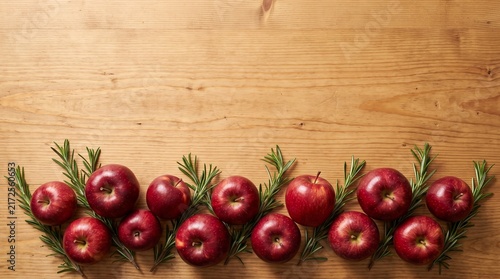 Fresh red apples and rosemary twigs on rustic pine table flat lay