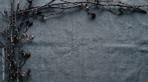 Thorn branches gothic frame on grey linen background flat lay