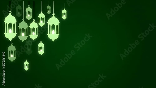 Traditional glowing green Arabic lanterns hanging against dark green background for Ramadan Kareem and Eid Mubarak festive celebration