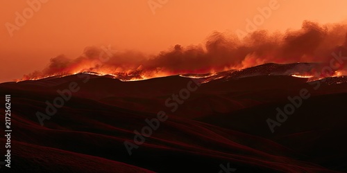 Fiery ridge ablaze under a smoky, orange sky