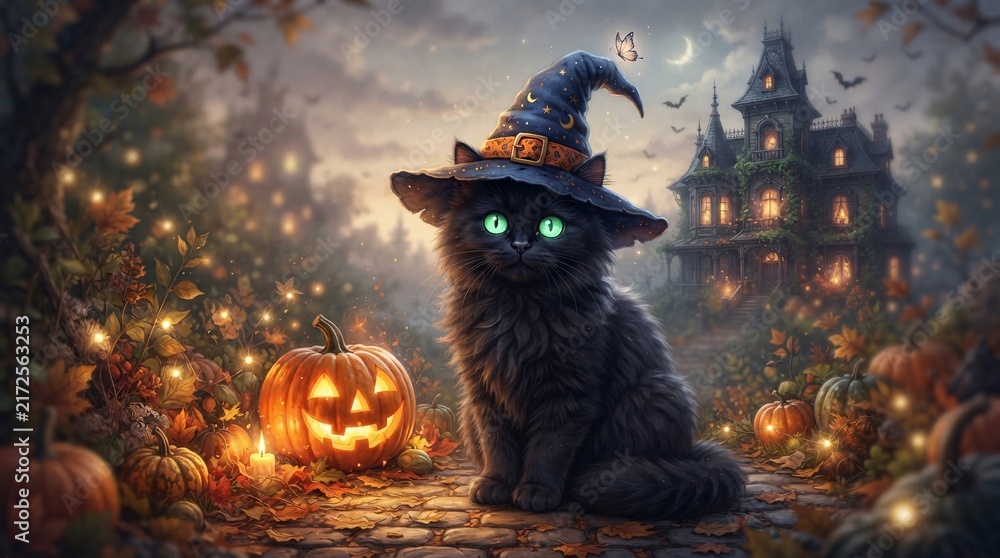 Fototapeta premium A fluffy black cat wears a magical witch hat next to a glowing jack-o'-lantern by a haunted house