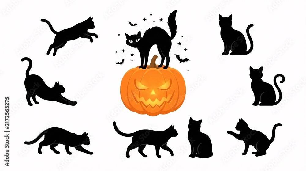 Obraz premium A collection of black cat silhouettes and a spooky glowing orange Jack O Lantern for Halloween