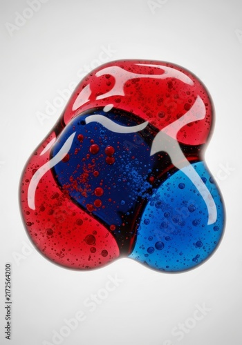 Overlapping ruby red and Prussian blue globule shapes containing tiny condensed water and blood droplets in a crisp modern biological style, medical, art, crimson