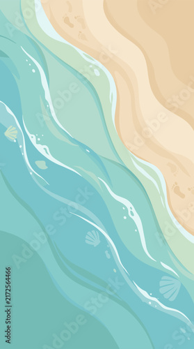 Top down aerial view of beach with sea waves and footprints