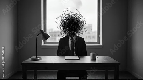 Stressed Businessman With Scribble Head Concept Sitting At Office Desk