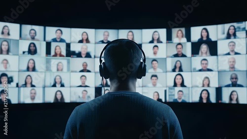 Man wearing headphones participates in a large digital virtual video conference meeting while looking at many participant faces displayed on a big curved monitor screen