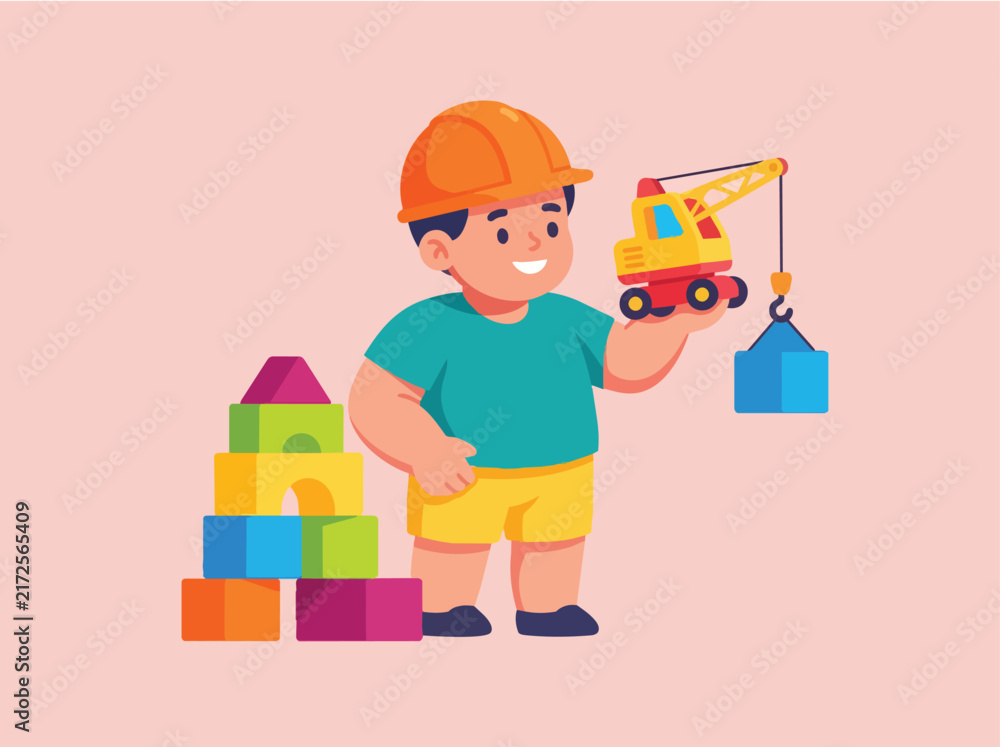 Naklejka premium Boy playing with construction toy crane