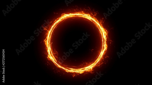 A glowing fiery circle ring burning with bright magic flames against a dark background. Ideal for fantasy portals, energy effects, and design concepts.