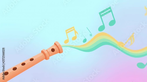 Whimsical Illustration of a Wooden Flute Creating Vibrant Musical Notes and a Colorful Flowing Melody Against a Soft Pastel Background