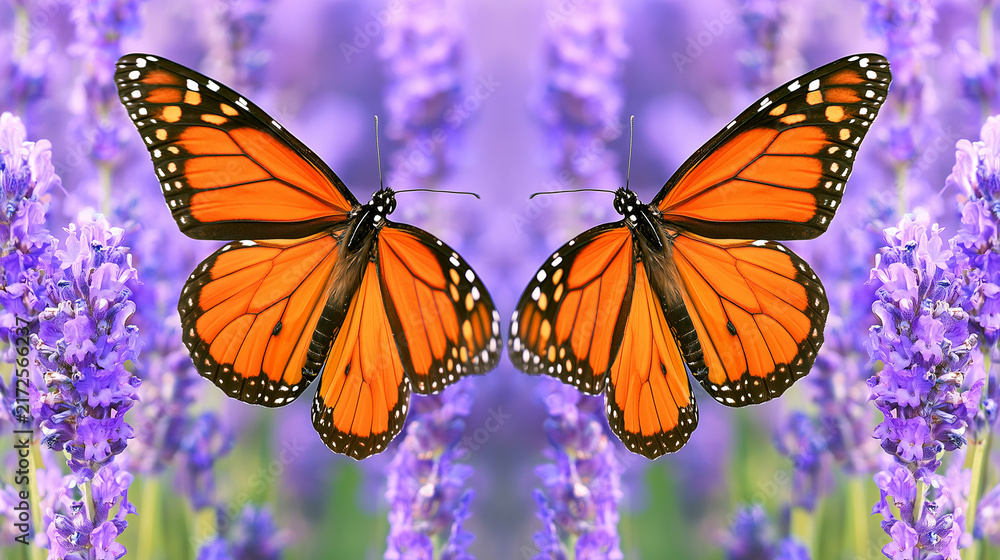 Obraz premium Two monarch butterflies soaring in harmony amid purple lavender blossoms, their wings beating in sync