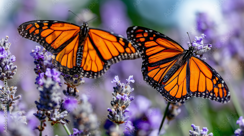 Obraz premium Two monarch butterflies soaring in harmony amid purple lavender blossoms, their wings beating in sync
