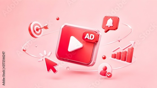 3D Digital Marketing Concept with AD Video Play Button Target Audience Arrow Growth Chart and Notification Bell