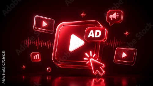 Neon Red Glowing Video Play AD Button and Cursor Click Representing Futuristic Digital Marketing Campaign