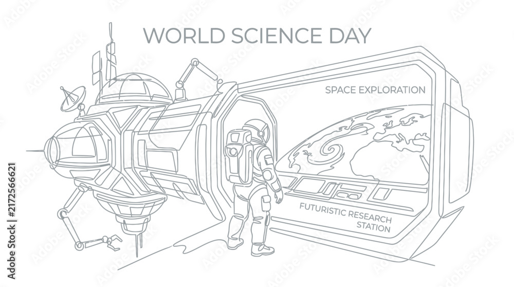 Naklejka premium Astronaut at Futuristic Space Station Line Art Illustration