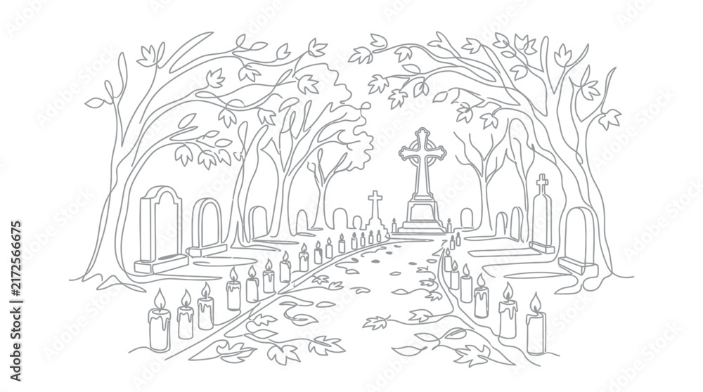 Fototapeta premium Cemetery Path with Gravestones and Candles Line Art