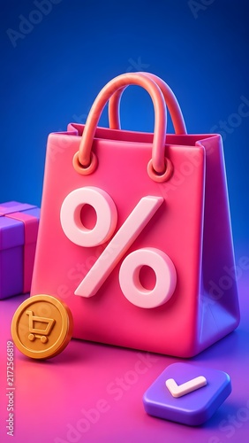 3D Render of Pink Shopping Bag with Percentage Sign Gold Cart Coin and Gift Box for Online Ecommerce Sale
