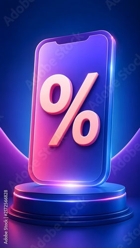 3D Neon Glowing Smartphone with Percentage Symbol on Podium Representing Mobile Shopping Discount and Digital Promotion Sale