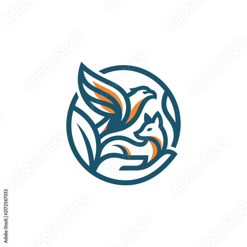 Eagle And Fox Emblem In Circle, Wildlife Protection Logo Concept