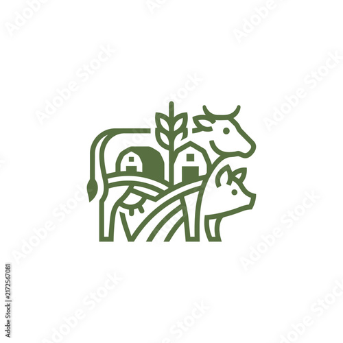 Farm Animals and Buildings Line Art Icon - Agriculture and Livestock Concept