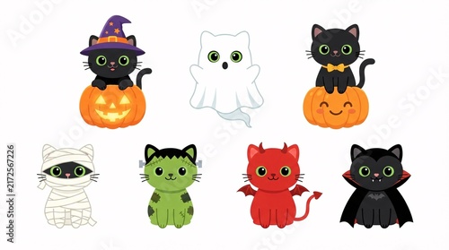 A set of cute cartoon cats dressed in various spooky Halloween costumes on a plain white background