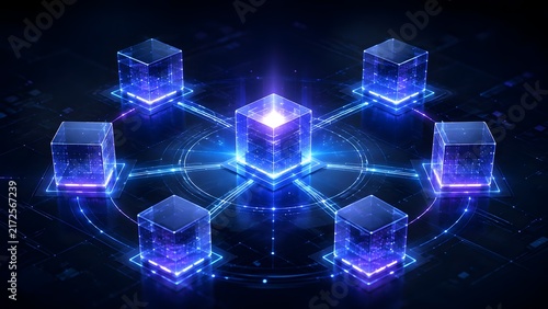 Futuristic Decentralized Data Network with Glowing Glass Cubes Connected by Circuit Lines Representing Quantum Cloud Computing