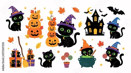 A festive collection of cute cartoon black cats celebrating Halloween with pumpkins and magic items