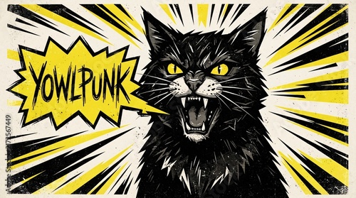 A fierce black cat with glowing yellow eyes yowls in a high-energy punk rock illustration