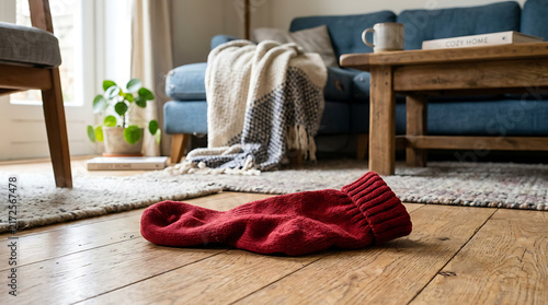 Single Red Wool Sock Lying on Wooden Floor in Cozy Living Room