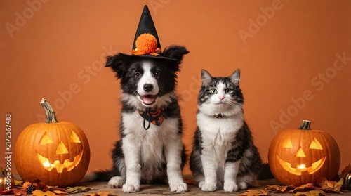 A cute border collie puppy wearing a witch hat sits beside a fluffy cat between two lit pumpkins