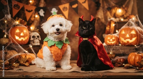 A cute Bichon Frise dressed as a pumpkin sits next to a black cat in a devil costume for Halloween