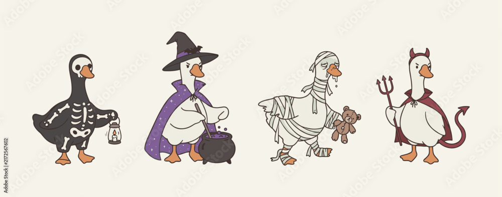 Obraz premium Funny Goose Halloween Costume Set - Skeleton Witch Mummy and Devil Birds