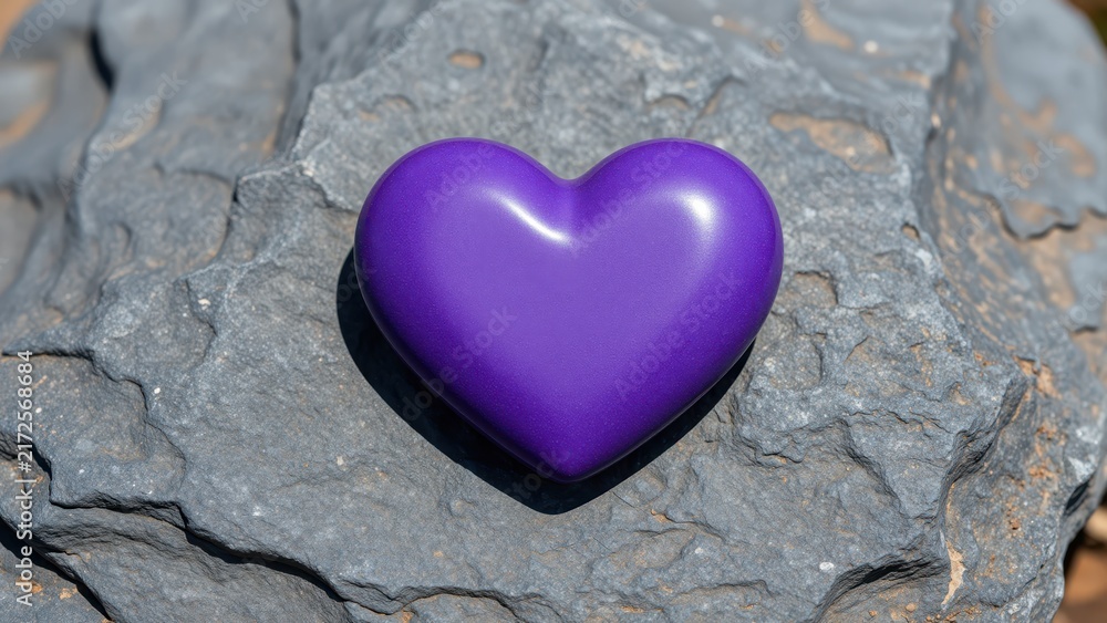 Fototapeta premium Purple Heart-shaped Stone on Rough Gray Rocky Surface for Love and Emotion Concepts